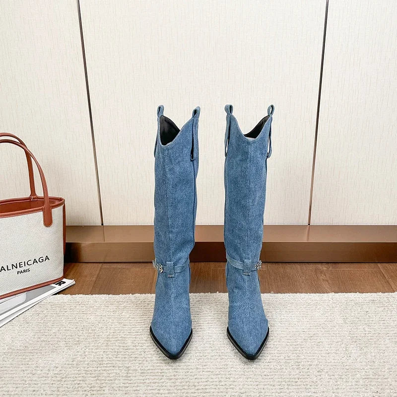 Denim Blue Pointed Toe Thick Heel Boots Woman Winter 2025 Slip-On Knee Knight Western Cowboy Boots