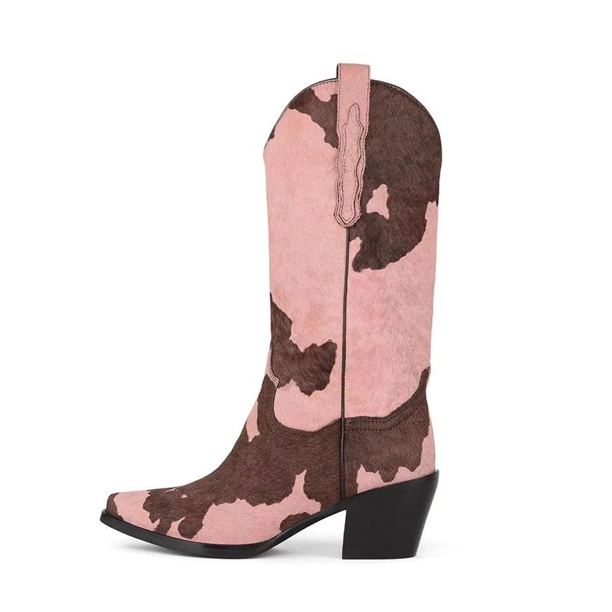 Horsehair Middle boots Pointed toe Mixed Colors Low heel Slip-on Modern boots Large size Western boots