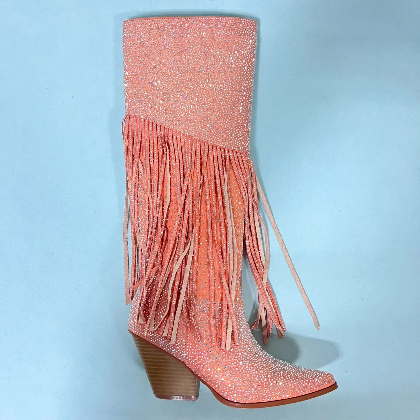 Orange Rhinestone Tassel Block-Heel Knee Boots Side-Zip Pointed-Toe Wedge Boots for Women