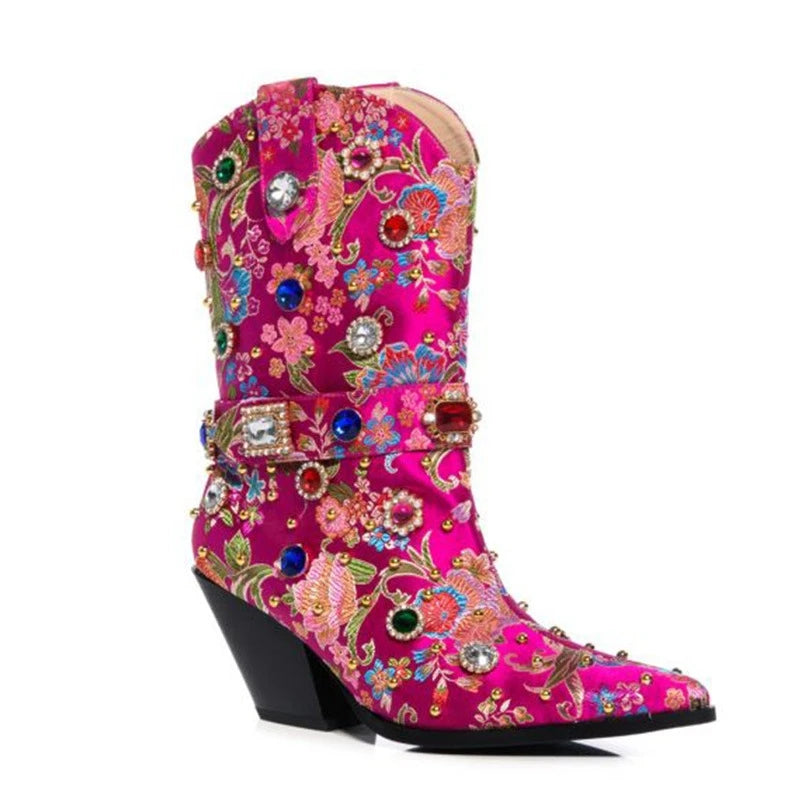Embroidery Rhinestone Rivet Short Boots Pointed Slope Heel Chelsea Women's Boots