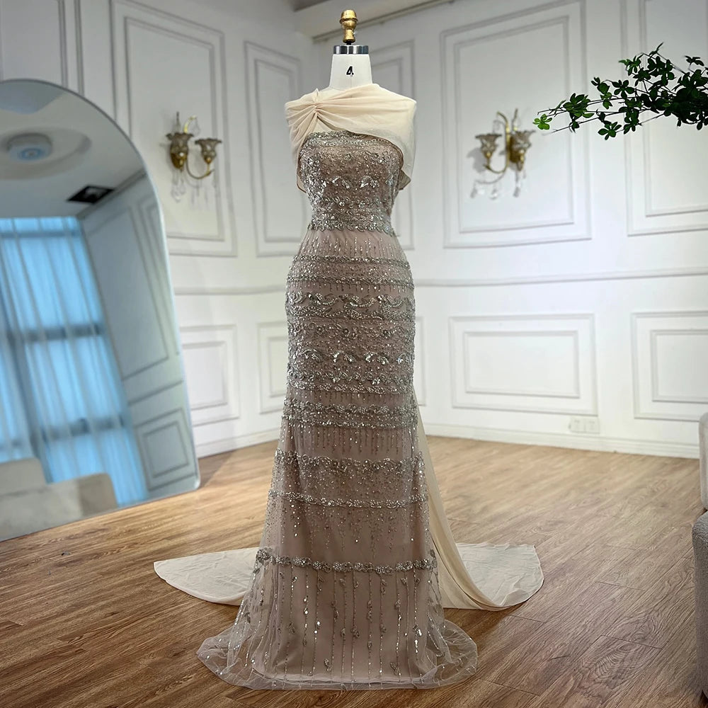 Saudi Arabic Sage Green Mermaid Beaded  Evening Dress with Long Cape  for Formal Occasion