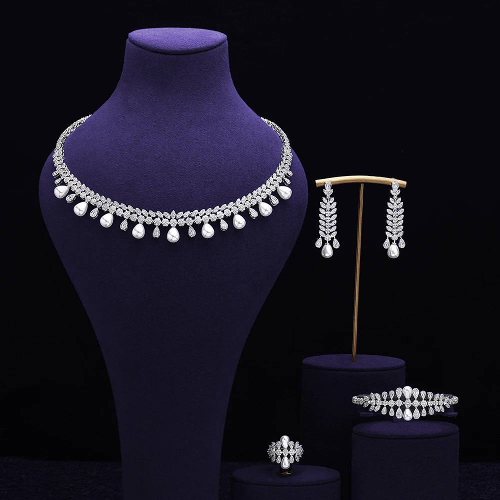 Cubic zirconia Pearl Necklace Earrings Set of 4 Women's Wedding Party All Zircon Dubai Bridal Jewelry Set Gift