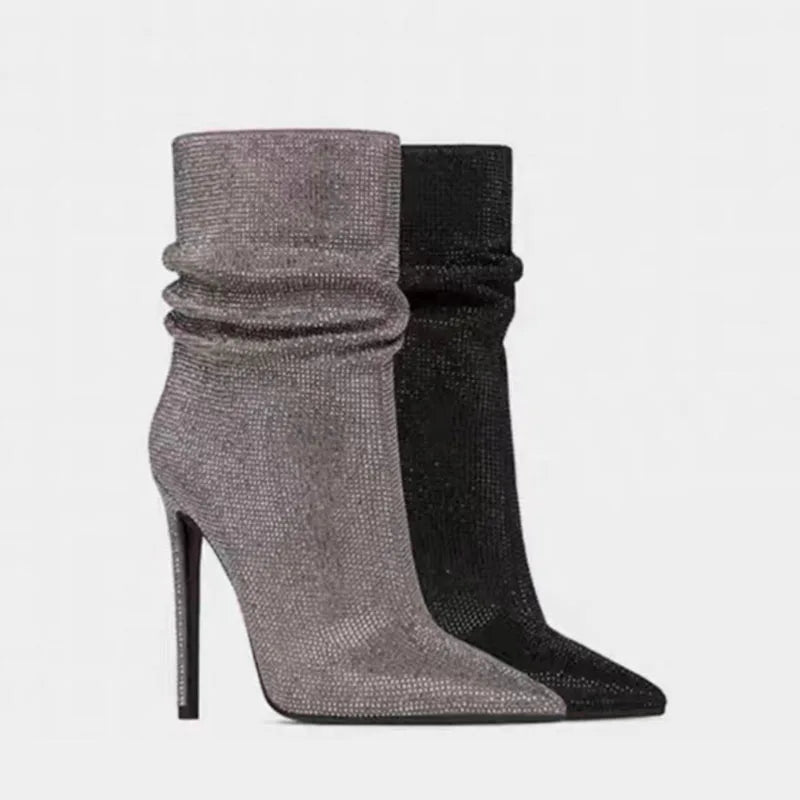 Woman's Velvet Thin heels Crystal Short boots Pointed toe Slip-on Super high heel Modern boots large size