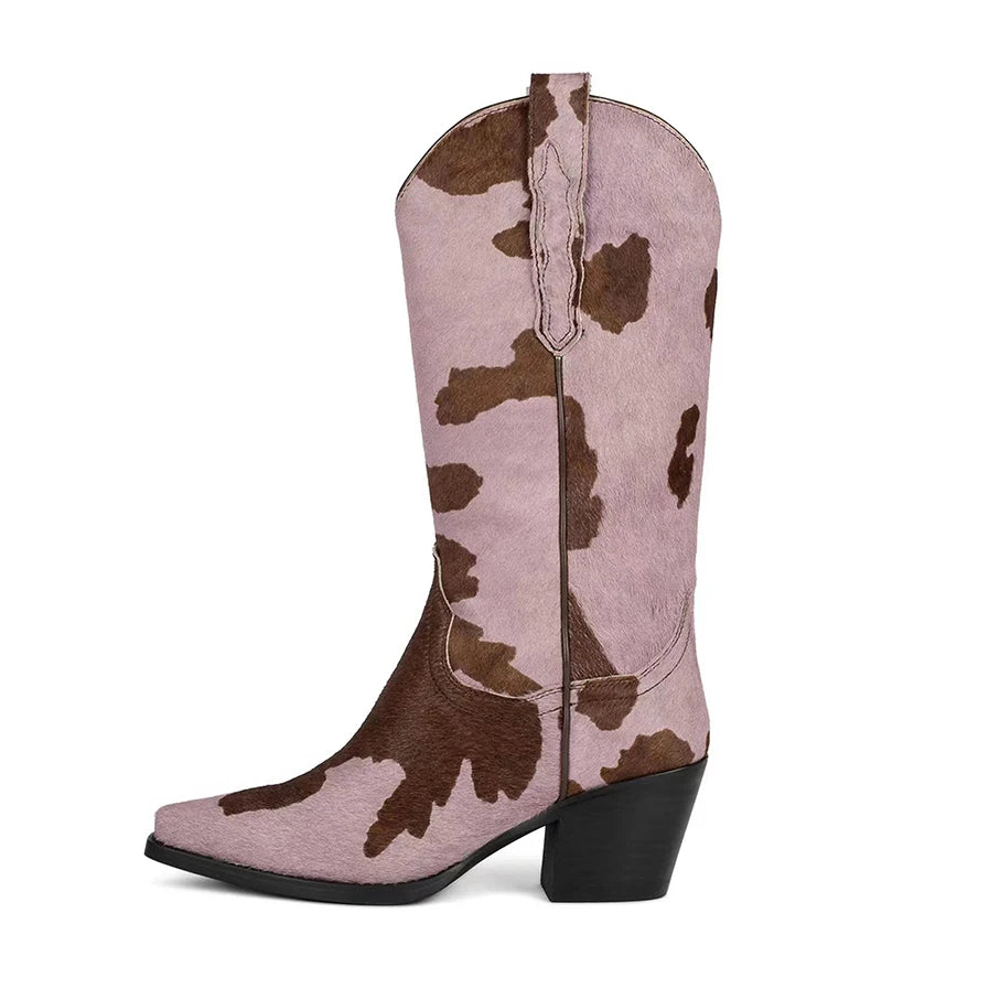 Horsehair Middle boots Pointed toe Mixed Colors Low heel Slip-on Modern boots Large size Western boots