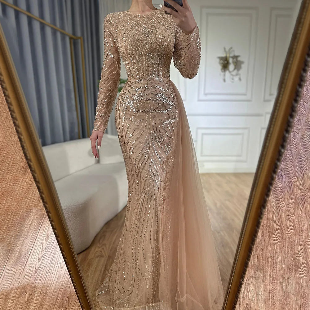 Sleeveless O-Neck Mermaid Evening Dress with Beading – Floor-Length Tulle Gown with Court Train
