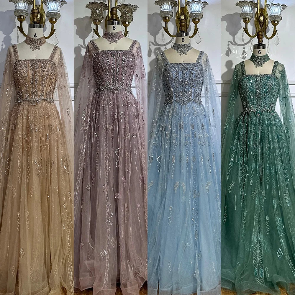 A-Line Evening Dress with Beading, Crystals & Tassels – Cap Sleeve Square Neck Gown with Court Train