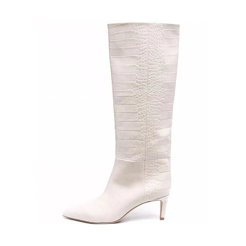 White crocodile grain Knee high boots Pointed toe Slip-on Stilettos heels Simple styl boots
