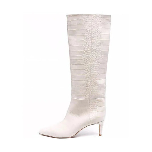 White crocodile grain Knee high boots Pointed toe Slip-on Stilettos heels Simple styl boots