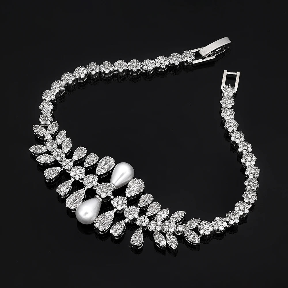 Cubic zirconia Pearl Necklace Earrings Set of 4 Women's Wedding Party All Zircon Dubai Bridal Jewelry Set Gift