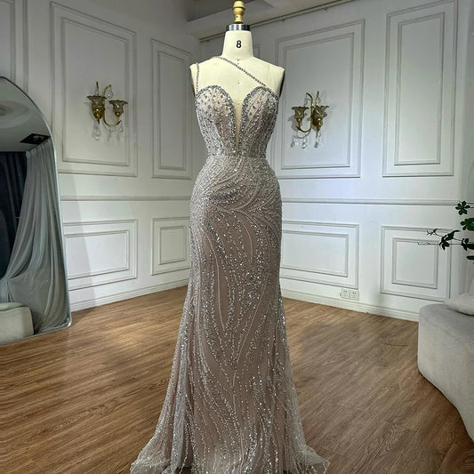 Customized Nude Beaded One-Shoulder Evening Dresses With Crystal Embellishments For Formal Occasion