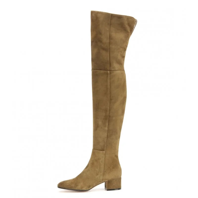 Over the knee suede boots for women Round toe Low heel Side zipper brown long boots chunky heels