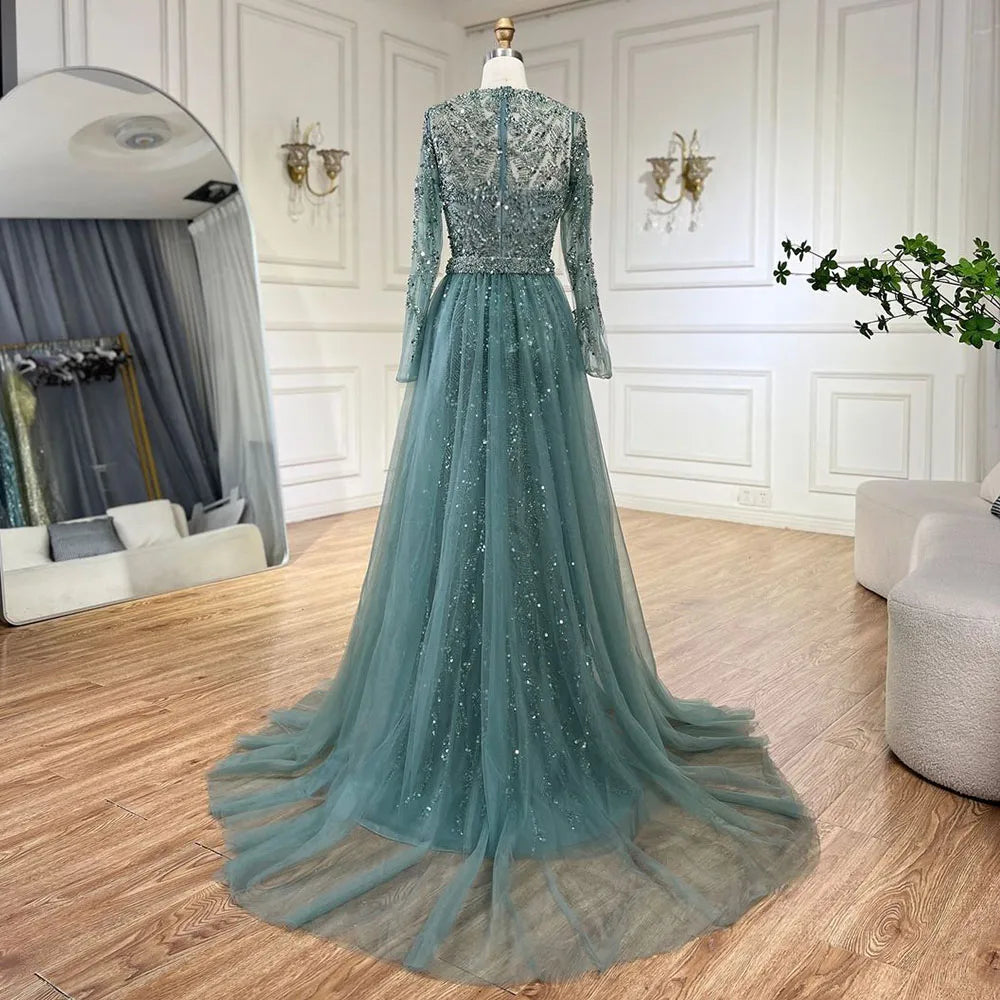 Elegant Beaded Mermaid Evening Gown with Sleeves – O-Neck Floor-Length Dress