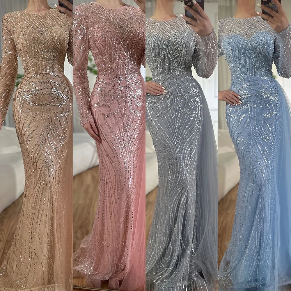 Sleeveless O-Neck Mermaid Evening Dress with Beading – Floor-Length Tulle Gown with Court Train