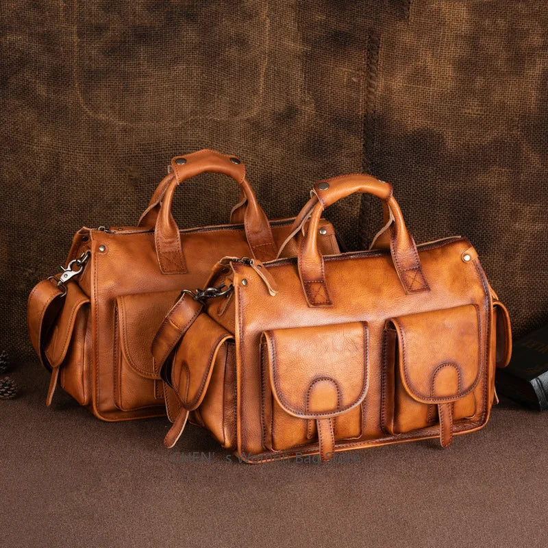 Portable Retro Genuine Leather Men's Handbags Real-Leather Travel Bags Large Capacity Leisure Gym Bag Shoulder Messenger Bag