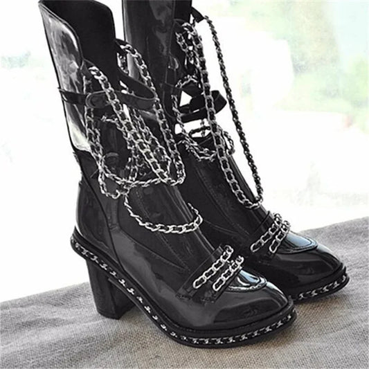 Black Chain Pointed Toe Buckles Thick Heel Mid-Calf Boots Woman Winter 2025 Hollow Sexy Fashion Boots Shoes for Women