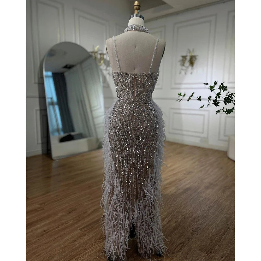 V-Neck Mermaid Evening Gown with Feathers and Beading – Sleeveless Floor-Length Tulle Dress