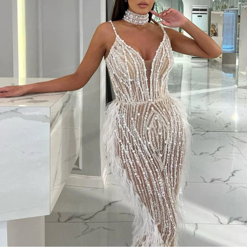 V-Neck Mermaid Evening Gown with Feathers and Beading – Sleeveless Floor-Length Tulle Dress