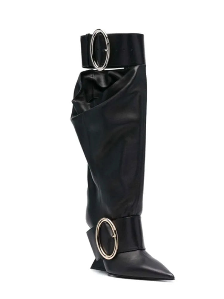 Women's Belt Buckle Knee Length Boots Fashion Pointed Heel Large Thigh High Boots