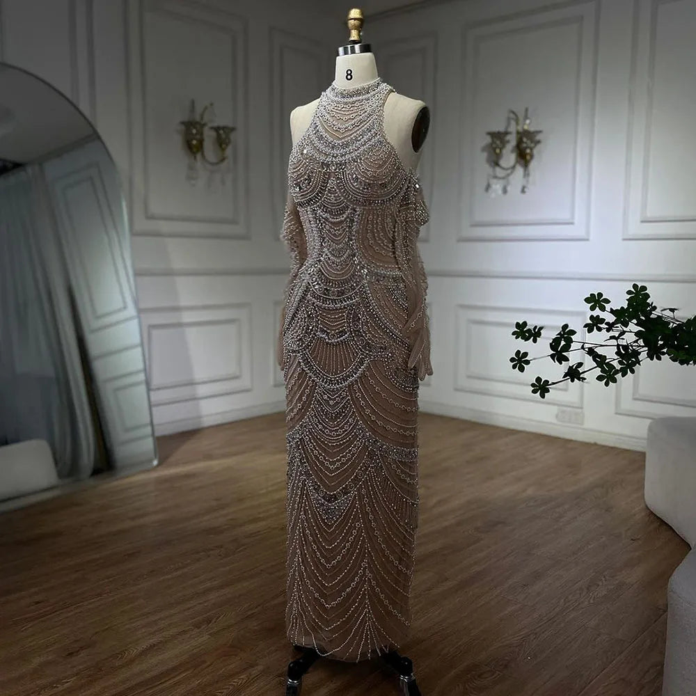 Elegant High Neck Mermaid Evening Dress with Pearls and Beading – Full Sleeve Floor-Length Gown