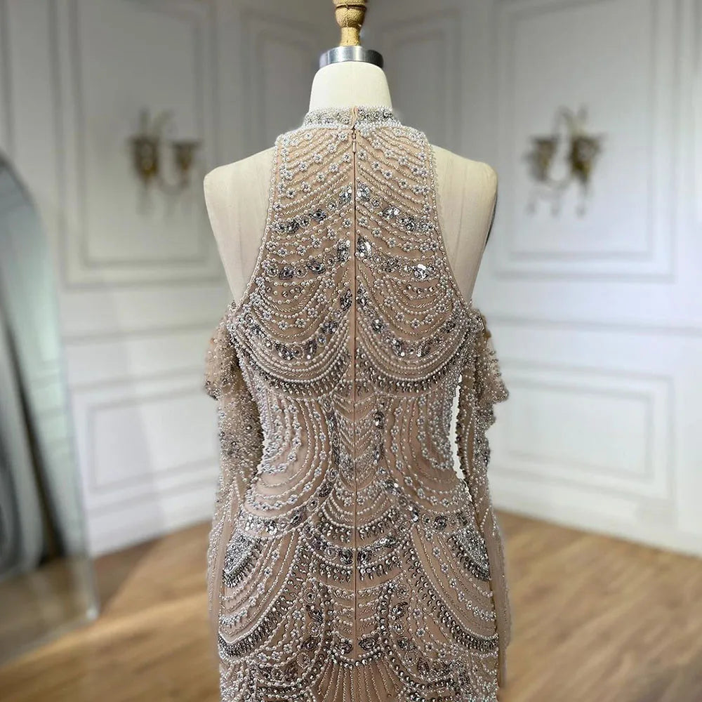 Elegant High Neck Mermaid Evening Dress with Pearls and Beading – Full Sleeve Floor-Length Gown