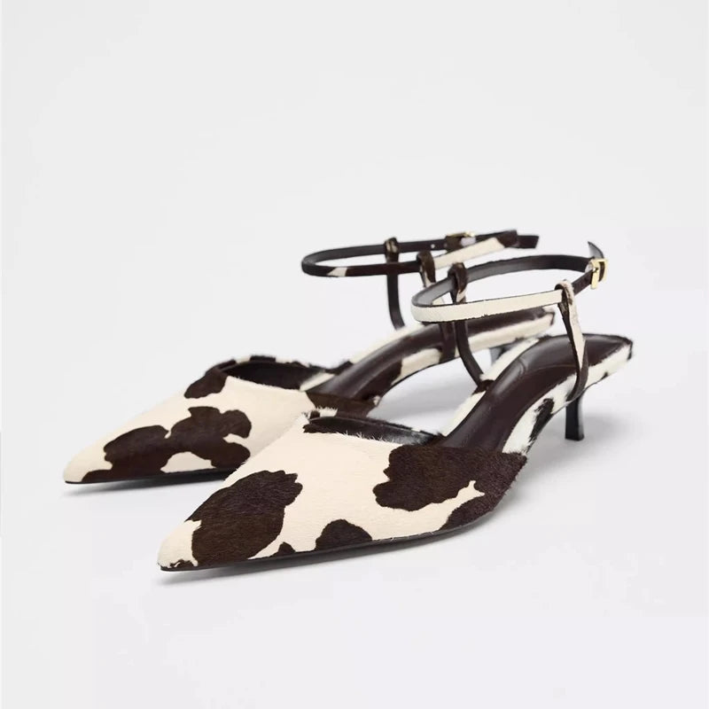 Women Sandals Genuine Leather Summer Women Mid heels Horse Leather Leopard Print Women Sandals Large Size Pointed Toe