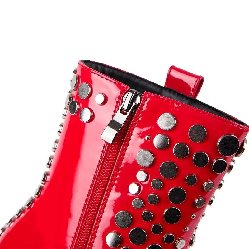 2024 Rivet Patent Leather Short Boots 9cm Strange High Heels Red Boot 36-43 Pointed Side Zip Fashion Bar Stage Women's Shoes