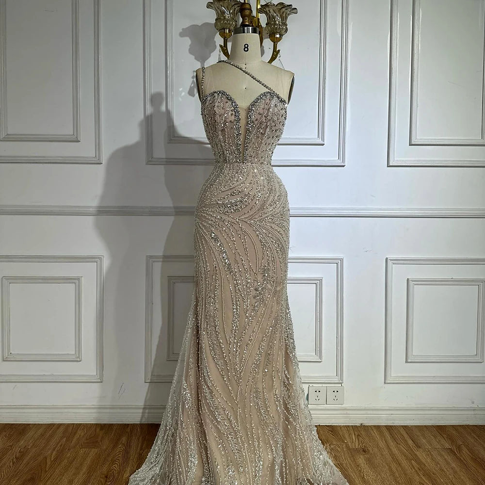 Customized Nude Beaded One-Shoulder Evening Dresses With Crystal Embellishments For Formal Occasion