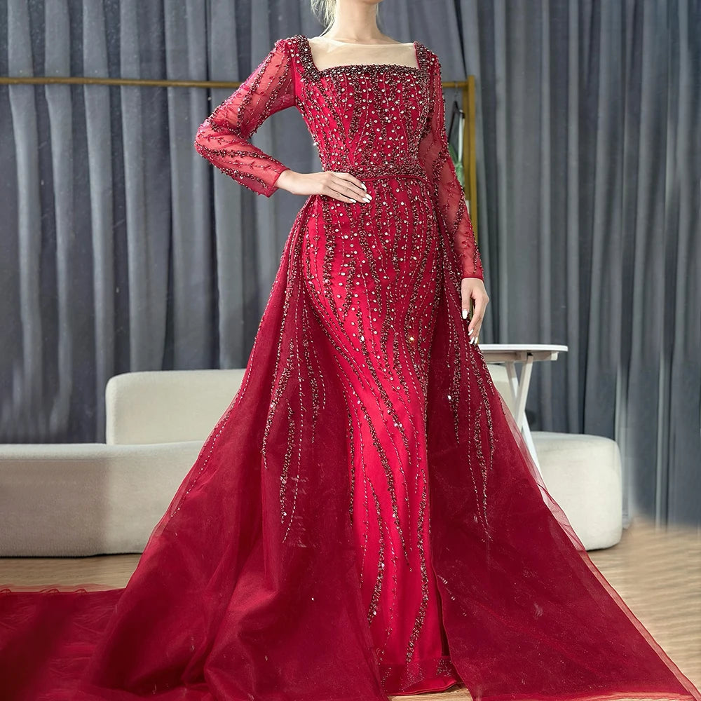 Square Neck Beaded Mermaid Evening Dress with Sleeves – Floor-Length Gown