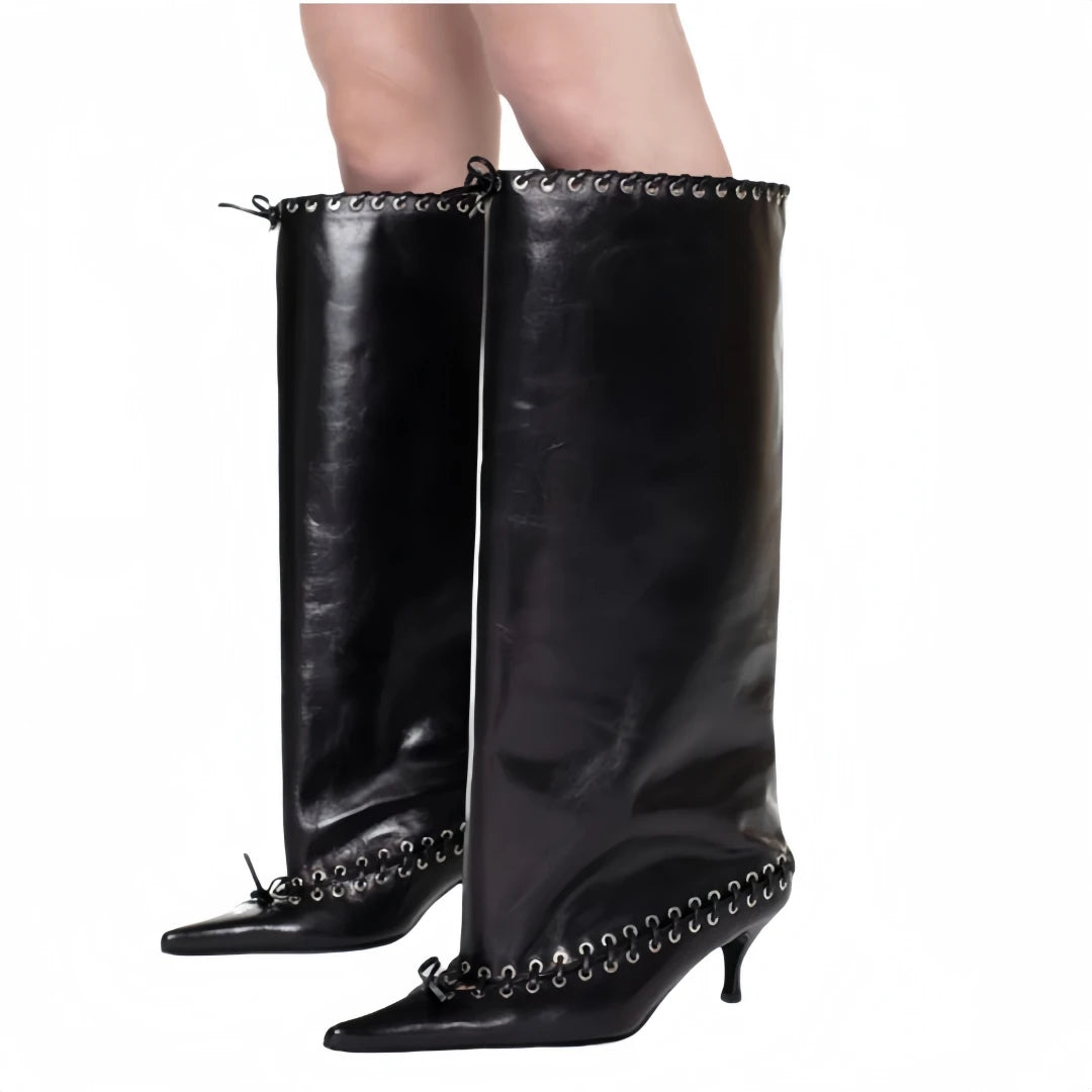 Women's Embellished Cowgirl Boots - Bow Accent Kitten Heel & Wide-Calf Over-The-Knee Luxe Footwear