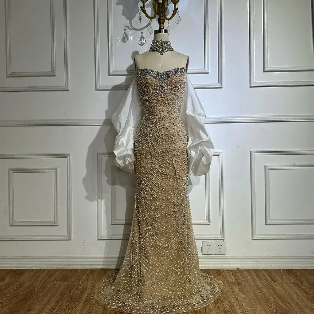 Strapless Mermaid Evening Gown with Beading and Pearls – Abstract Pattern Tulle Dress with Court Train