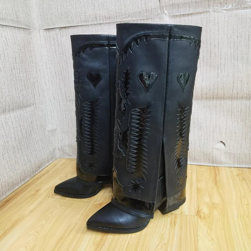 Genuine Leather Embroidered Wedge Heels Women Knee High Boots New Black Red Winter Skirt Boots Sexy High Heels Shoes Size 34-43