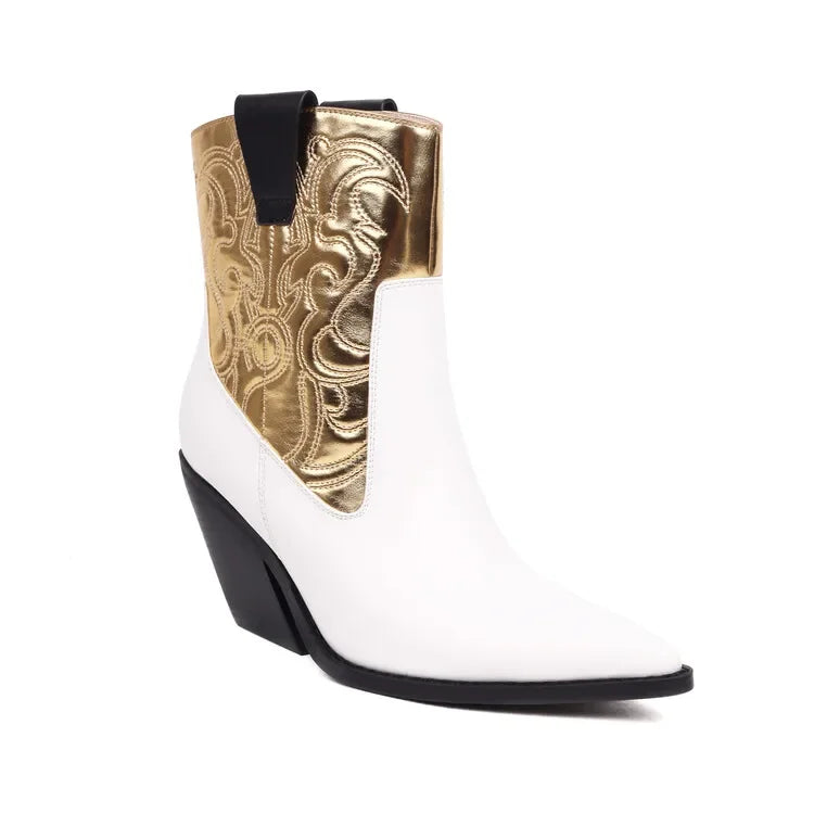 Rhinestone/Rivet Color Blocking Autumn Winter Thick Heel Black Chelsea Women Boots