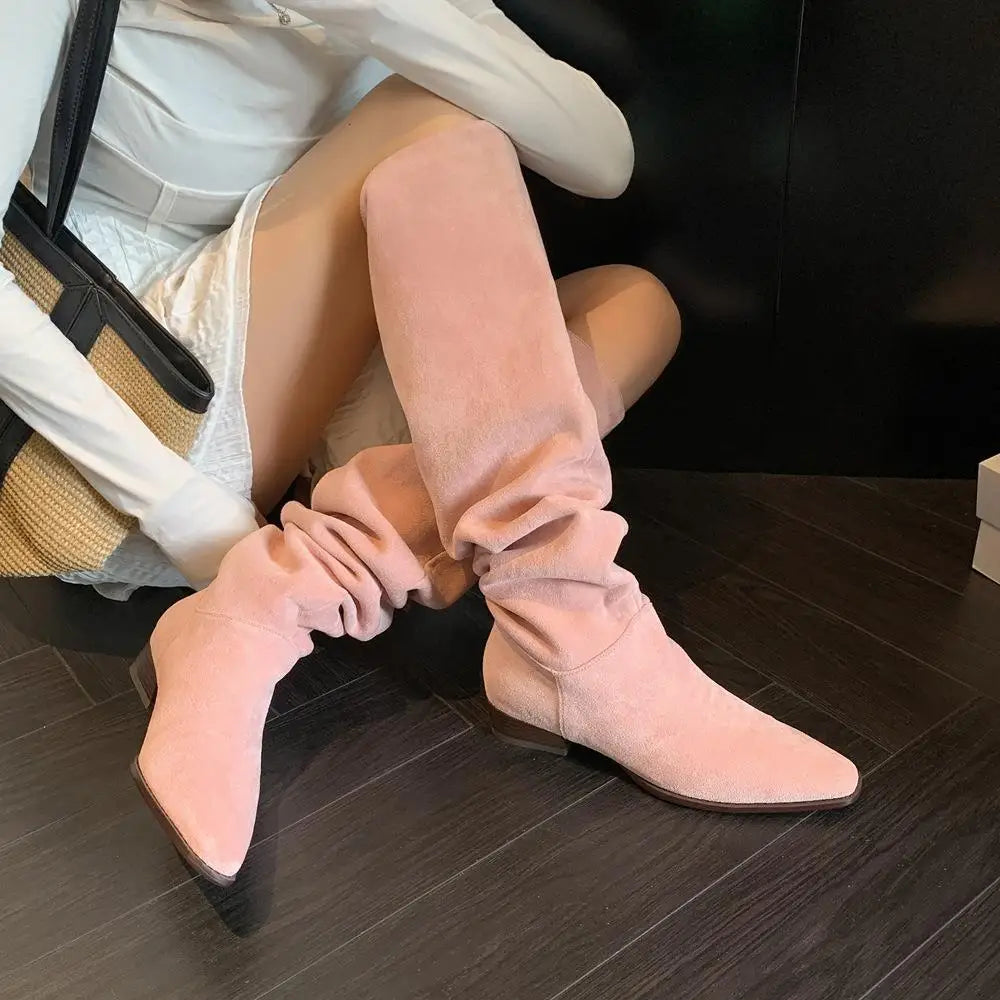 Arden Furtado 2025 Autumn Suede trouser legs boots square-head Low heel Over the knee boots large size Pleated Knight boots