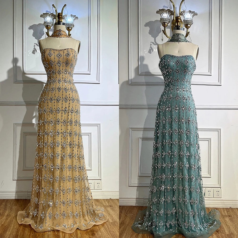 Strapless Mermaid Evening Dress with Beading – Floor-Length Tulle Gown with Court Train