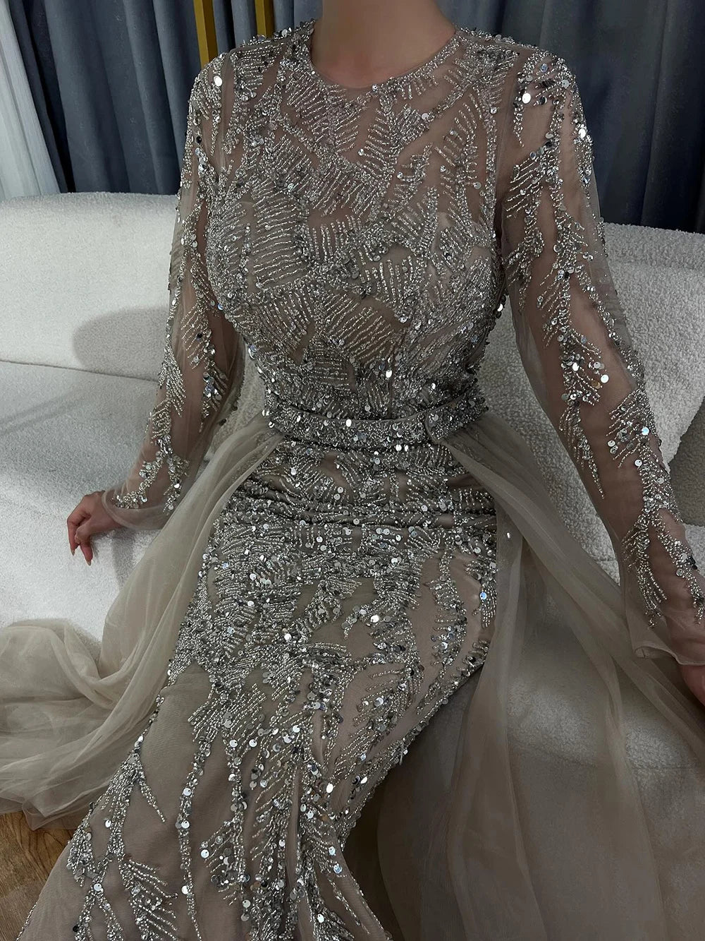 Elegant Beaded Mermaid Evening Gown with Sleeves – O-Neck Floor-Length Dress