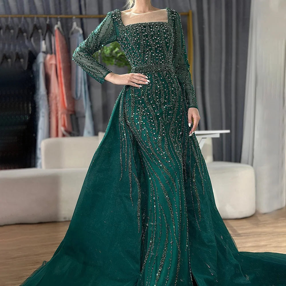 Square Neck Beaded Mermaid Evening Dress with Sleeves – Floor-Length Gown