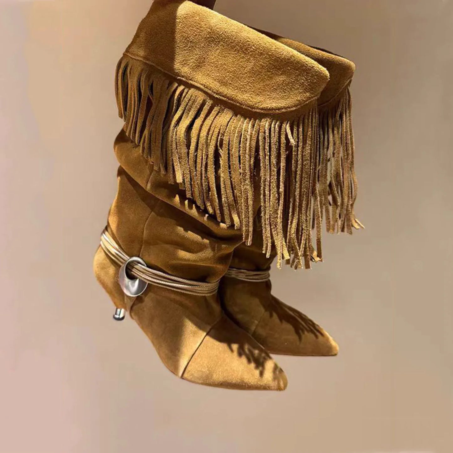 Arden Furtado 2025 Spring suede tassels Mid-Calf boots Pointed toe Turned-over Edge Middle heel Large tubular boots cowboy boots