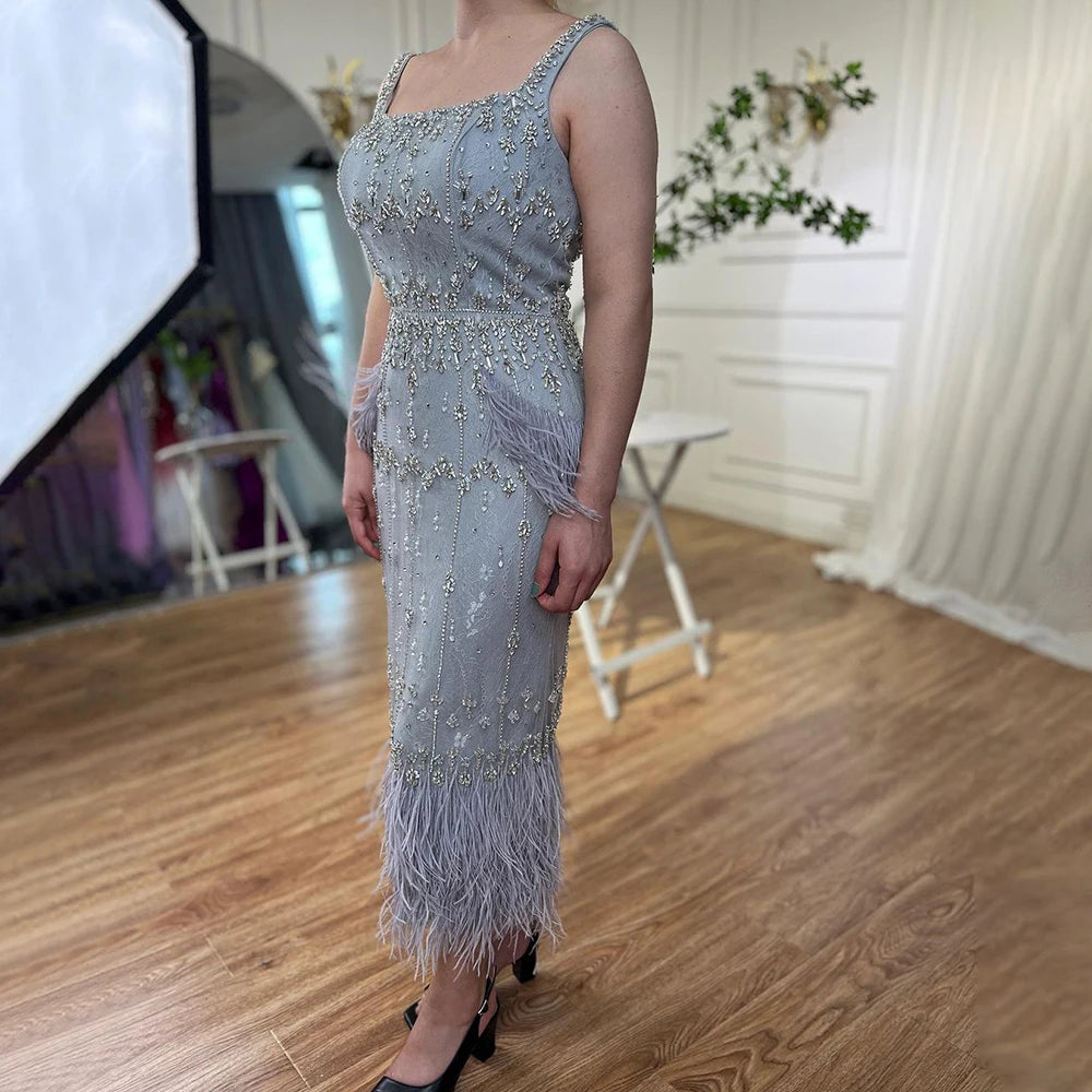 Beaded Feather Mermaid Evening Dress – Ankle-Length Sleeveless Tulle Gown