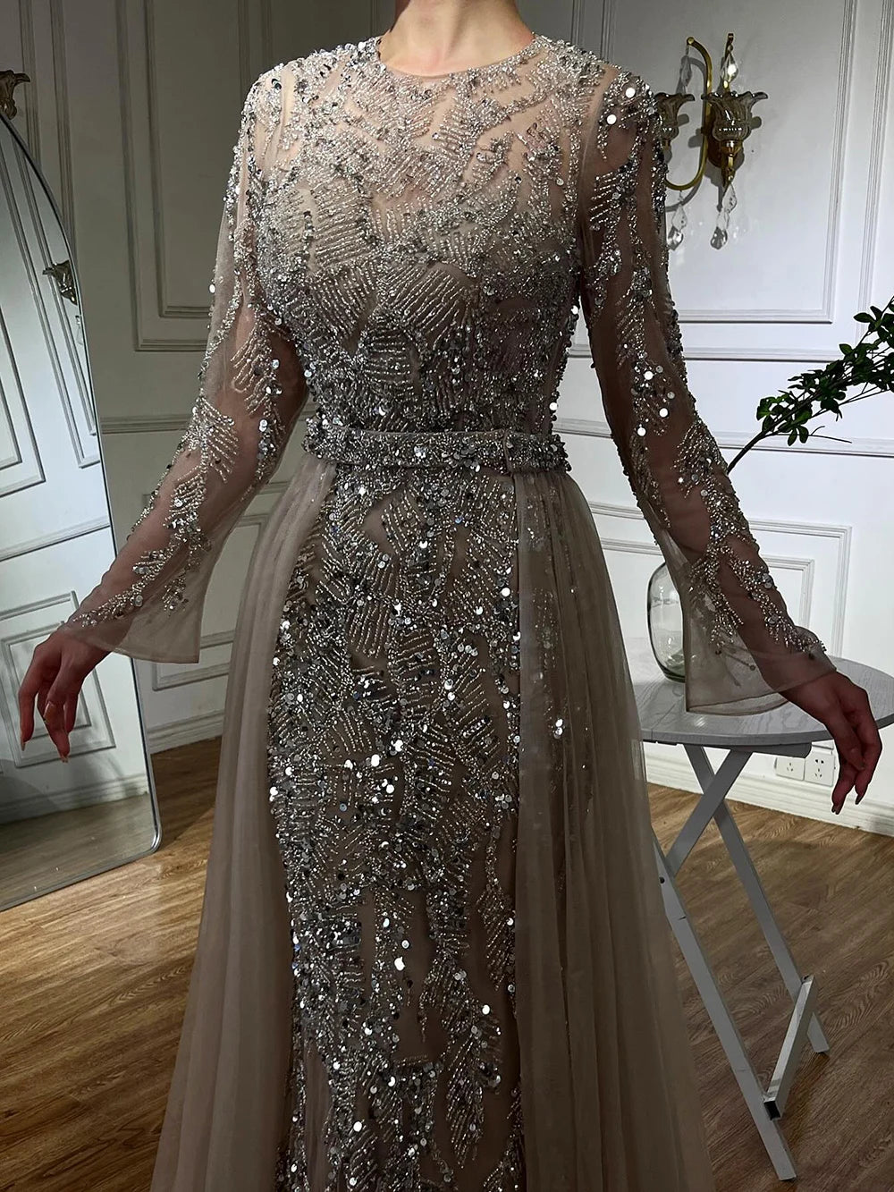 Elegant Beaded Mermaid Evening Gown with Sleeves – O-Neck Floor-Length Dress