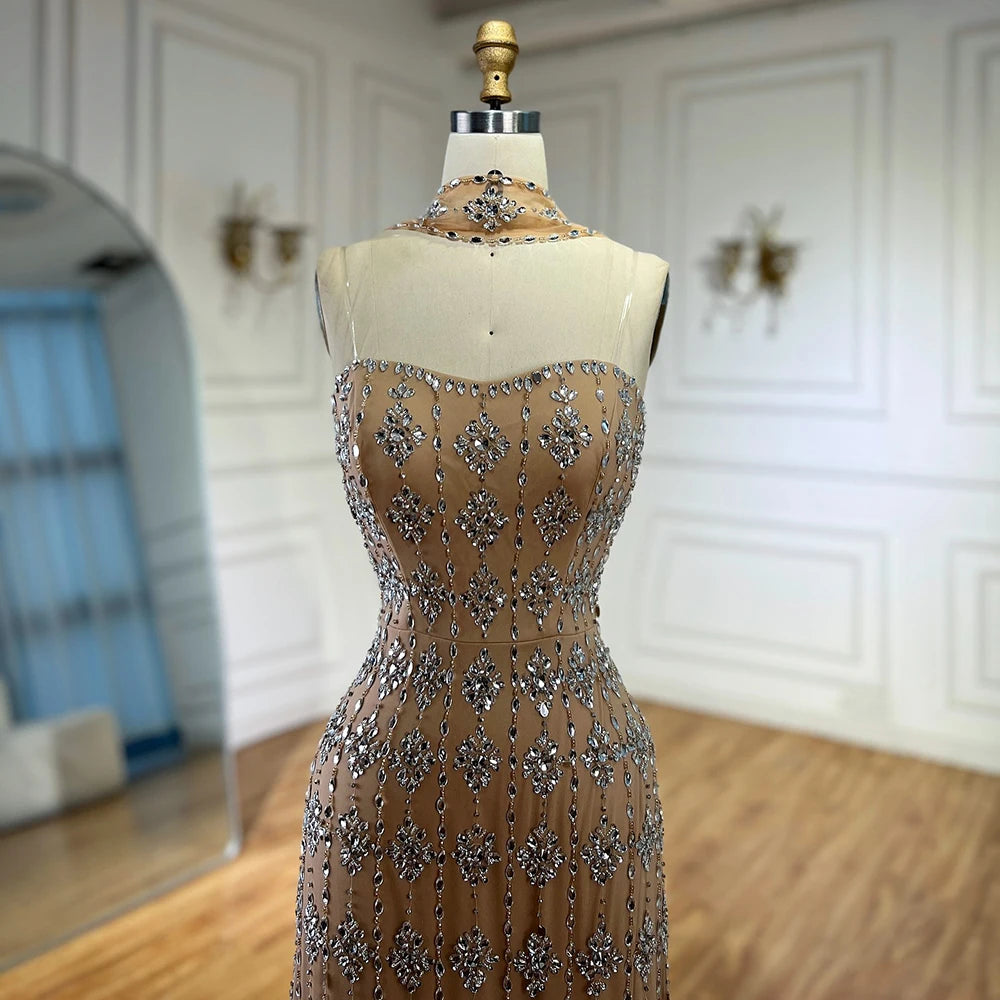 Strapless Mermaid Evening Dress with Beading – Floor-Length Tulle Gown with Court Train