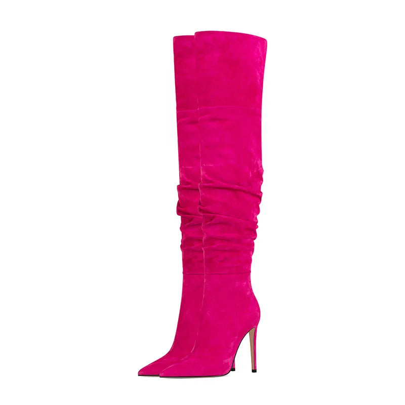 Women's Suede Thigh high boots Pointed toe Pleated Super high heel Side zipper black over the knee boots