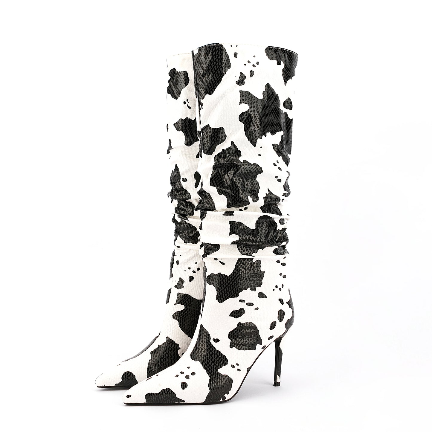 Cow grain Pointed toe Slip-on Super high heel Pleated Middle boots Mixed Colors Modern boots