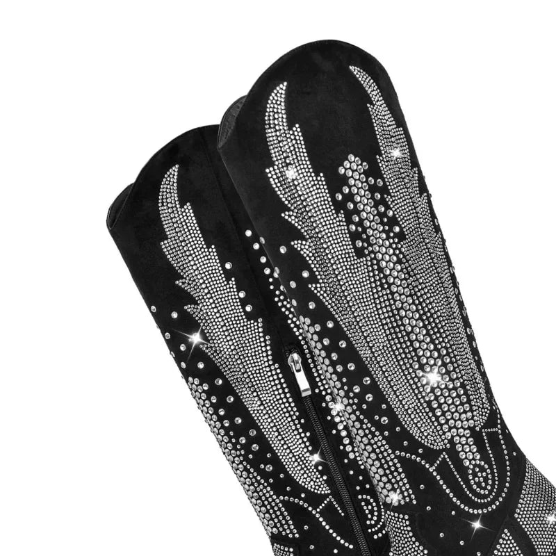 Handmade Hot Rhinestone Retro Western Cowboy Boots Women Performance Runway Fashion Thick Heel Knee High Boots