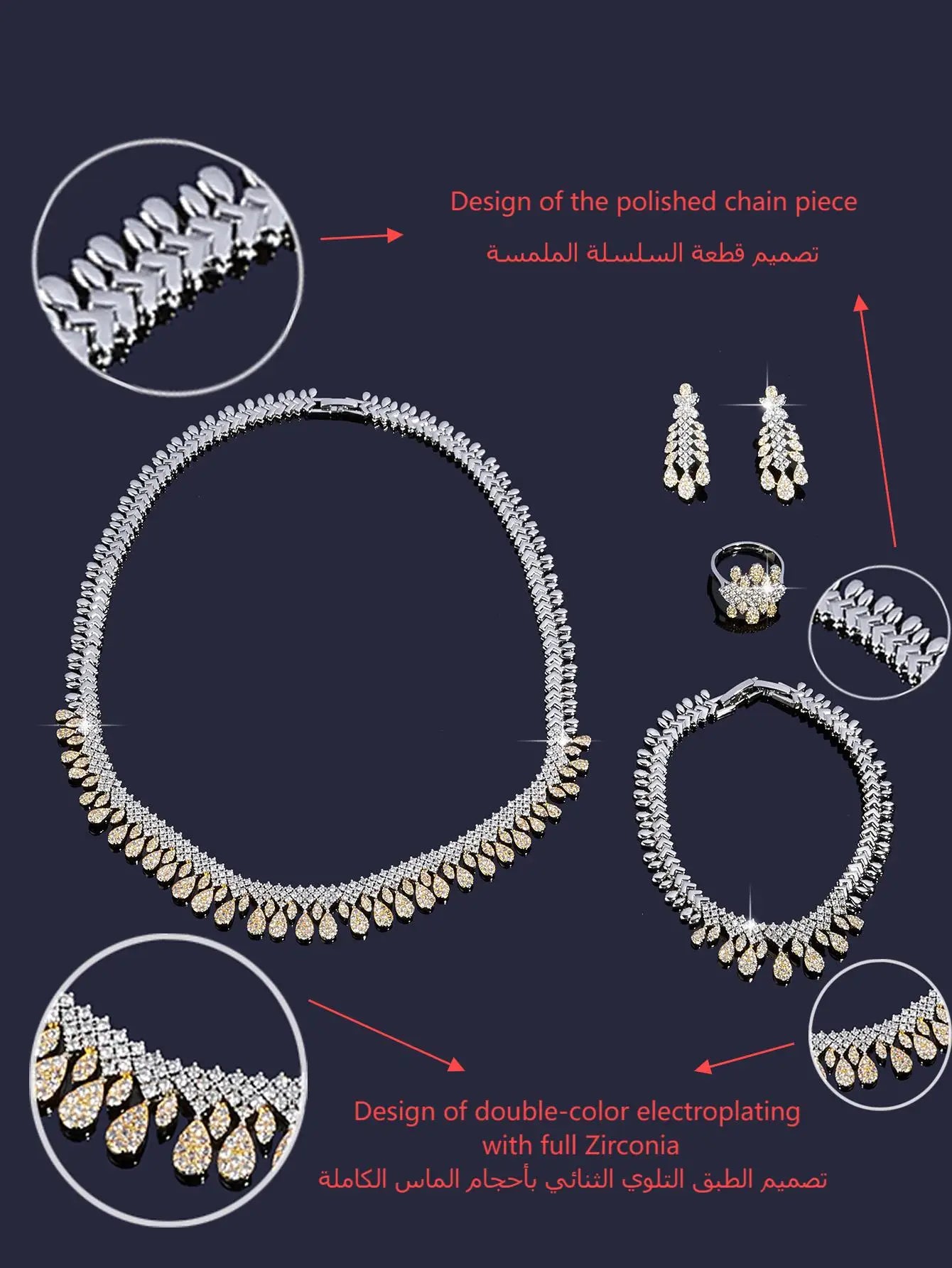 Two Color Zirconia For Women Party Luxury Dubai Necklace Bracelet Earringa Rings CZ Crystal Wedding Jewelry Sets