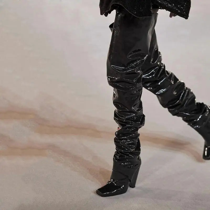 Tapered heel Over the knee boots Square-head Pleated Slip-on Super high heel Modern boots