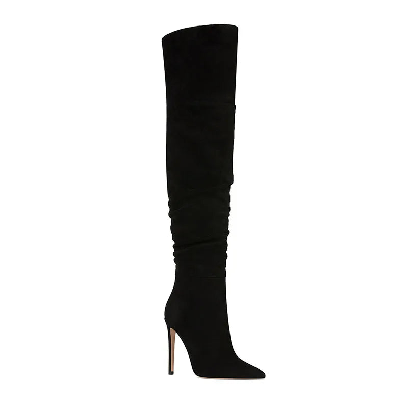 Women's Suede Thigh high boots Pointed toe Pleated Super high heel Side zipper black over the knee boots