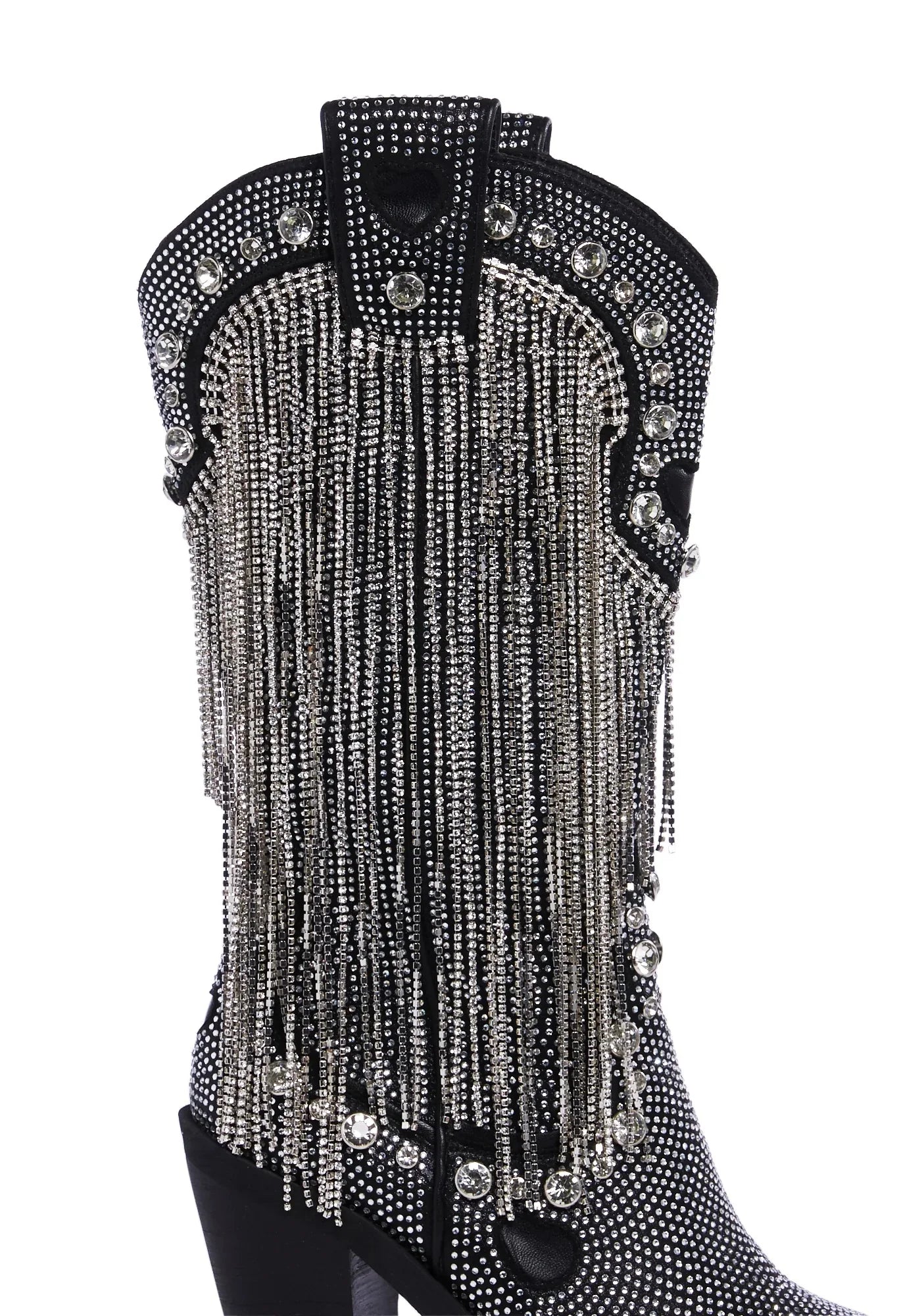 Rhinestone Fringe Detailing Knee-high Boots Jewel Studs Pointed Toe Side Zipper Block High Heels Women Boot