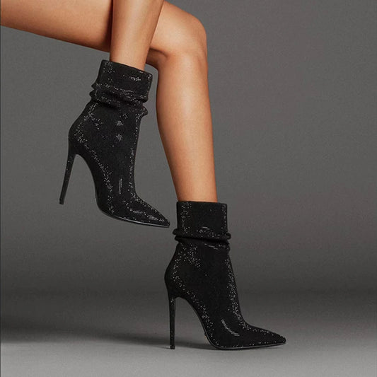 Woman's Velvet Thin heels Crystal Short boots Pointed toe Slip-on Super high heel Modern boots large size