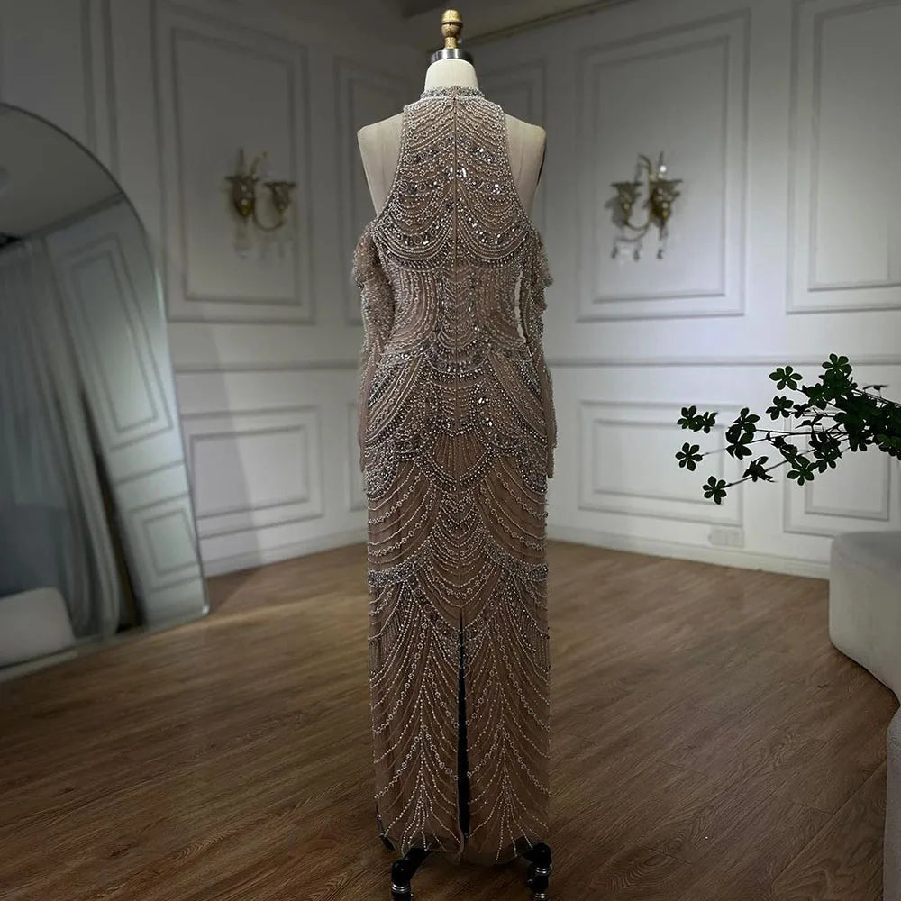 Elegant High Neck Mermaid Evening Dress with Pearls and Beading – Full Sleeve Floor-Length Gown
