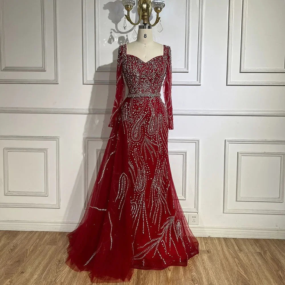 Elegant Beaded Mermaid Evening Dress with Court Train and Square Neckline in Floor-Length Tulle